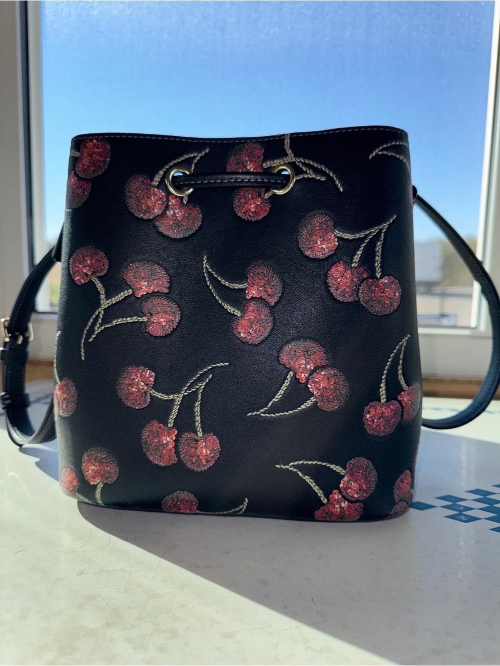 Coach Rowan Black Cherry-Print Bucket Bag
